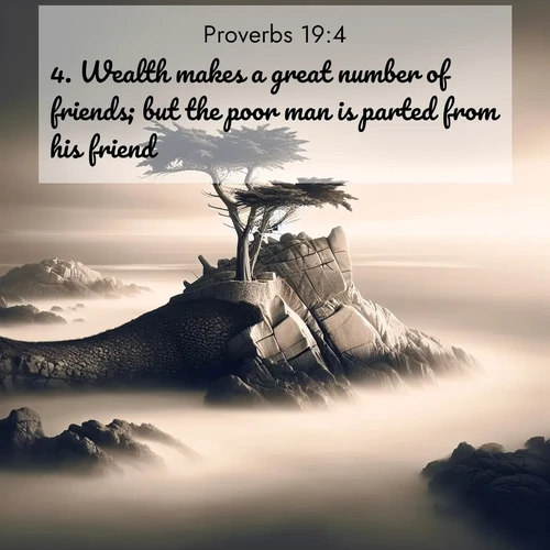 BasicEnglish Proverbs  ; image nature: image with the bible verse :Wealth makes a great number of friends; but the poor man is parted from his friend. ; Discover beautiful Bible verse images enriched with natural landscapes, from serene beaches to cascading waterfalls. All images are free and ready to download. Share verses such as KJV Proverbs 19:4. Current verse is overlayed with the thematic nature scene : A lone cypress stands sentinel on a wave-carved point. Pacific storms have shaped its every branch. ; 19:4