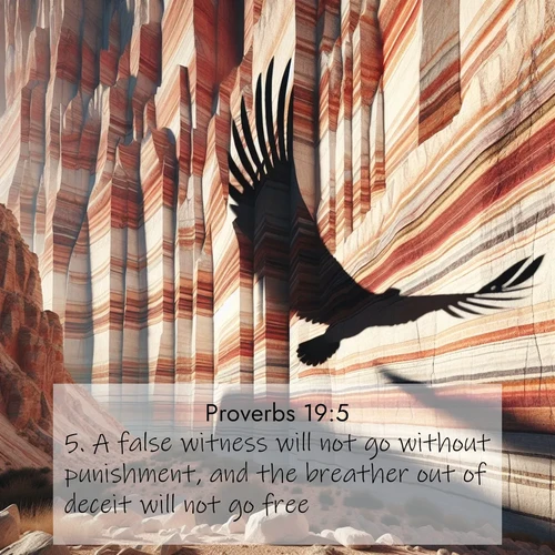 BasicEnglish Proverbs  ; image nature: image with the bible verse :A false witness will not go without punishment, and the breather out of deceit will not go free. ; Browse a gallery of Bible verses paired with summer scenes, such as golden wheat fields, bright skies, and sunny beaches. These images convey the joy and warmth of God&#039;s creation. Download and share verses like KJV Proverbs 19:5. Current verse is overlayed with the thematic nature scene : Desert varnish streaks ancient canyon walls. A condor&#039;s shadow glides across the patterns. ; 19:5