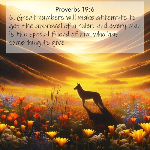 BBE Proverbs 19:6 overlaying nature image scene: Spring wildflowers carpet Death Valley in gold. A coyote's silhouette melts into the blooms.;6. Great numbers will make attempts to get the approval of a ruler: and every man is the special friend of him who has something to give.