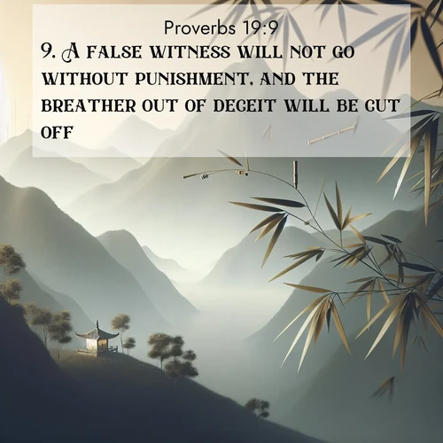 BasicEnglish Proverbs  ; image nature: image with the bible verse :A false witness will not go without punishment, and the breather out of deceit will be cut off. ; Explore a rich collection of Bible verse images beautifully illustrated by natural landscapes, such as colorful skies, towering mountains, and tranquil rivers. The images highlight the serenity of God&#039;s creation with vivid tones and carefully chosen typography. Download and share inspiring verses like KJV Proverbs 19:9. Current verse is overlayed with the thematic nature scene : Bamboo leaves whisper secrets in mountain wind. A temple bell rings in the distance. ; 19:9