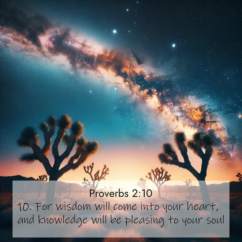 BBE Proverbs 2:10 overlaying nature image scene: Joshua trees reach twisted arms to desert stars. The Milky Way arcs overhead like a river of light.;10. For wisdom will come into your heart, and knowledge will be pleasing to your soul;