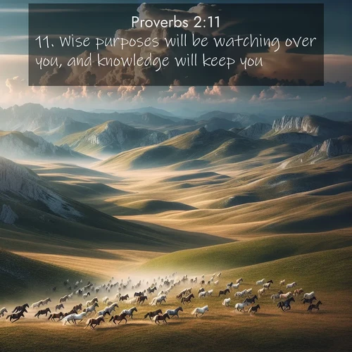 BBE Proverbs 2:11 overlaying nature image scene: Wild horses gallop across a high mountain plateau. Storm clouds gather ominously on the horizon.;11. Wise purposes will be watching over you, and knowledge will keep you;