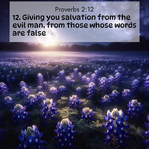 BBE Proverbs 2:12 overlaying nature image scene: Moonlight illuminates a field of bluebonnets. A warm breeze carries their sweet fragrance across the prairie.;12. Giving you salvation from the evil man, from those whose words are false;