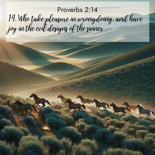 BBE Proverbs 2:14 overlaying nature image scene: Wild mustangs gallop across sage-covered hills in the morning light.;14. Who take pleasure in wrongdoing, and have joy in the evil designs of the sinner;