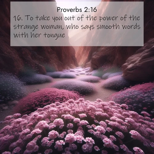 BBE Proverbs 2:16 overlaying nature image scene: Desert verbena carpets hidden canyons. Flash flood waters carved these gardens.;16. To take you out of the power of the strange woman, who says smooth words with her tongue;