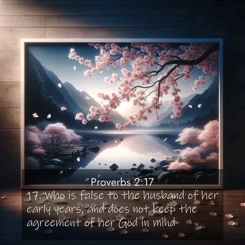 BBE Proverbs 2:17 overlaying nature image scene: Cherry blossoms swirl in a spring breeze. Their petals dust the surface of a still mountain pond.;17. Who is false to the husband of her early years, and does not keep the agreement of her God in mind: