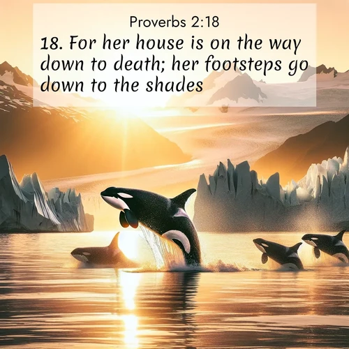 BasicEnglish Proverbs  ; image nature: image with the bible verse :For her house is on the way down to death; her footsteps go down to the shades: ; Browse beautiful Bible verse images accompanied by peaceful scenes like calm seas, ancient forests, and radiant horizons. Download high-quality, free images featuring verses such as KJV Proverbs 2:18. Current verse is overlayed with the thematic nature scene : Wild orcas breach in sunset-painted waters. Their splashes echo off glacier walls. ; 2:18