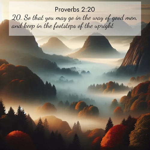 BBE Proverbs 2:20 overlaying nature image scene: Autumn fog rolls through valleys between ancient rounded mountains.;20. So that you may go in the way of good men, and keep in the footsteps of the upright.