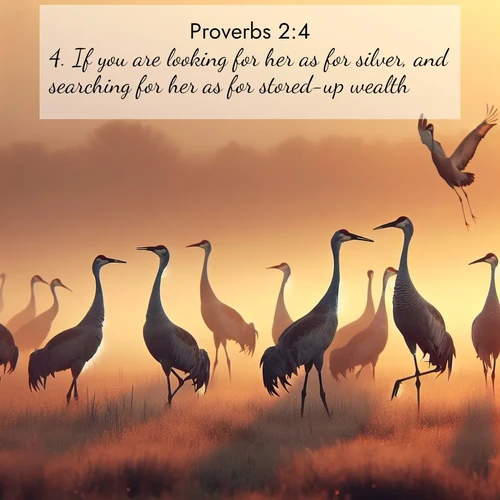 BBE Proverbs 2:4 overlaying nature image scene: Sandhill cranes dance in morning mist. Their calls echo across the marsh.;4. If you are looking for her as for silver, and searching for her as for stored-up wealth;
