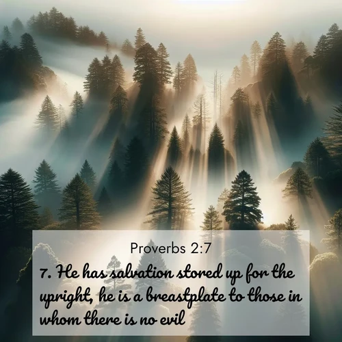 BBE Proverbs 2:7 overlaying nature image scene: Coastal redwoods disappear into fog. Filtered sunlight creates divine rays.;7. He has salvation stored up for the upright, he is a breastplate to those in whom there is no evil;