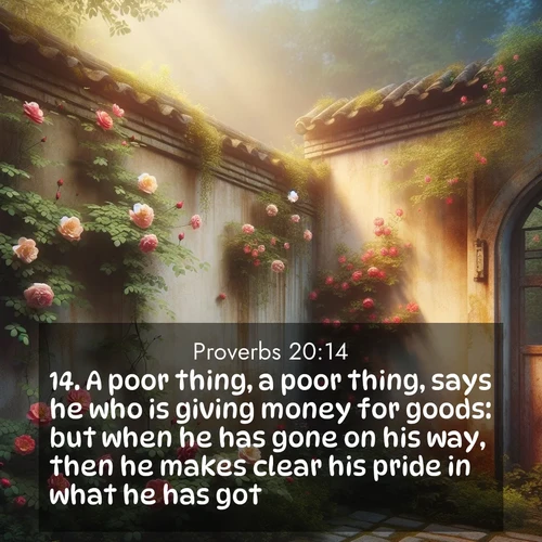 BasicEnglish Proverbs  ; image nature: image with the bible verse :A poor thing, a poor thing, says he who is giving money for goods: but when he has gone on his way, then he makes clear his pride in what he has got. ; Download Bible verse images featuring vibrant photos of nature, from snowy landscapes to golden deserts. These free images are perfect for phone wallpapers, desktop backgrounds, or sharing. Verses include KJV Proverbs 20:14. Current verse is overlayed with the thematic nature scene : Wild roses climb abandoned walls. Time stands still in secret gardens. ; 20:14