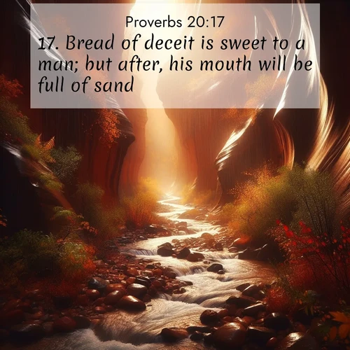 BasicEnglish Proverbs  ; image nature: image with the bible verse :Bread of deceit is sweet to a man; but after, his mouth will be full of sand. ; Explore Bible verses paired with beach photos, where waves gently crash on the sand and the sky glows with pastel hues at sunset. These scenes convey deep serenity. Download verses like KJV Proverbs 20:17. Current verse is overlayed with the thematic nature scene : Autumn rain creates temporary streams in slot canyons. ; 20:17