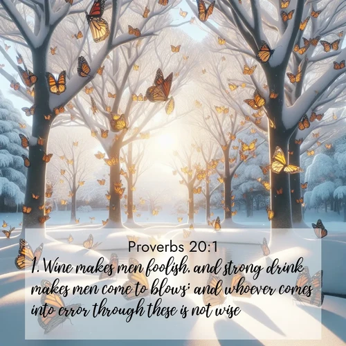 BasicEnglish Proverbs  ; image nature: image with the bible verse :Wine makes men foolish, and strong drink makes men come to blows; and whoever comes into error through these is not wise. ; Discover a gallery of Bible verse images showcasing the beauty of autumn, with golden leaves, red forests, and peaceful fields bathed in soft light. These soothing scenes are perfect for accompanying inspiring verses like KJV Proverbs 20:1. Current verse is overlayed with the thematic nature scene : Monarch butterflies cover winter trees. Their wings catch light like stained glass. ; 20:1
