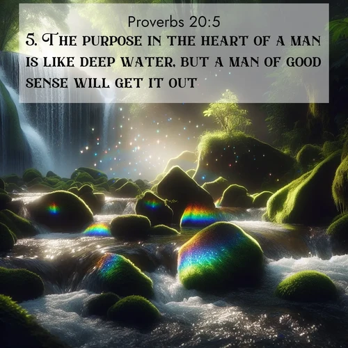 BasicEnglish Proverbs  ; image nature: image with the bible verse :The purpose in the heart of a man is like deep water, but a man of good sense will get it out. ; Explore an inspiring selection of Bible verse images adorned with nature photos, such as starry skies, verdant hills, and golden beaches. Each image reflects the peace and beauty of God&#039;s creation with vibrant colors and varied fonts. Share uplifting verses like KJV Proverbs 20:5. Current verse is overlayed with the thematic nature scene : Rainbow prisms dance in a waterfall&#039;s spray. Moss glows emerald in filtered light. ; 20:5