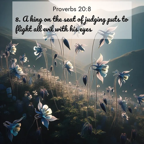 BasicEnglish Proverbs  ; image nature: image with the bible verse :A king on the seat of judging puts to flight all evil with his eyes. ; Discover a gallery of Bible verse images showcasing the beauty of autumn, with golden leaves, red forests, and peaceful fields bathed in soft light. These soothing scenes are perfect for accompanying inspiring verses like KJV Proverbs 20:8. Current verse is overlayed with the thematic nature scene : Wild columbines dance on impossibly thin stems. Mountain breezes carry their perfume. ; 20:8