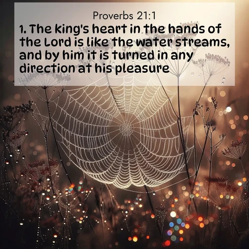 BBE Proverbs 21:1 overlaying nature image scene: Morning fog reveals spider galaxies. Dew drops capture rainbow light.;1. The king's heart in the hands of the Lord is like the water streams, and by him it is turned in any direction at his pleasure.