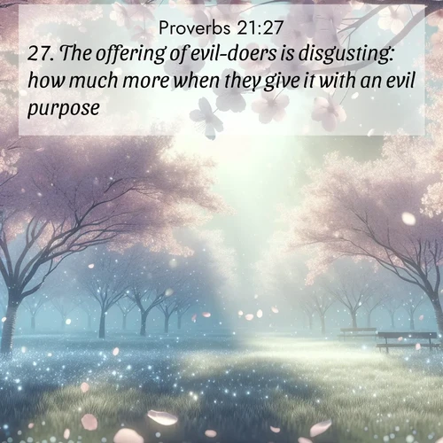 BasicEnglish Proverbs  ; image nature: image with the bible verse :The offering of evil-doers is disgusting: how much more when they give it with an evil purpose! ; Explore Bible verse images highlighting the beauty of spring, with vibrant flowers, butterflies, and blossoming fruit trees. These scenes evoke divine hope and renewal. Download inspiring verses like KJV Proverbs 21:27. Current verse is overlayed with the thematic nature scene : Spring rain falls on cherry trees in full bloom, petals drifting like snow. ; 21:27
