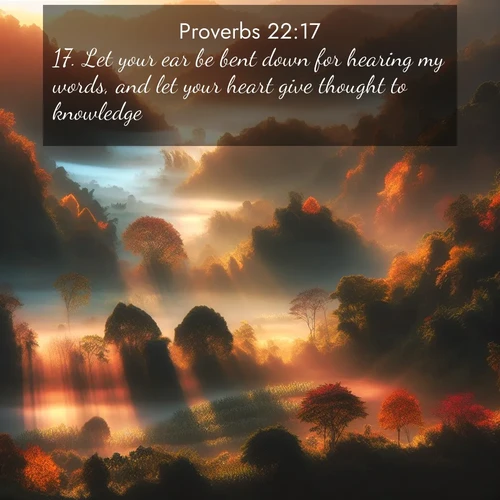 BasicEnglish Proverbs  ; image nature: image with the bible verse :Let your ear be bent down for hearing my words, and let your heart give thought to knowledge. ; Discover a gallery of Bible verse images showcasing the beauty of autumn, with golden leaves, red forests, and peaceful fields bathed in soft light. These soothing scenes are perfect for accompanying inspiring verses like KJV Proverbs 22:17. Current verse is overlayed with the thematic nature scene : Autumn mist rises from warming morning valleys. ; 22:17