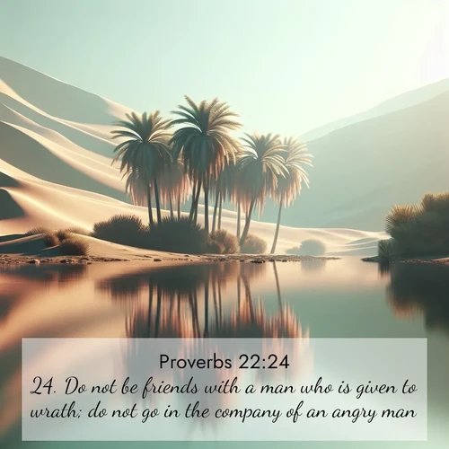 BasicEnglish Proverbs  ; image nature: image with the bible verse :Do not be friends with a man who is given to wrath; do not go in the company of an angry man: ; Explore our vast collection of images featuring beautifully illustrated Bible verses accompanied by nature photos. Discover inspiring and motivating verses paired with soothing landscapes, like shimmering lakes, majestic mountains, and lush forests. Our images highlight the peaceful beauty of God&#039;s creation with vibrant colors and varied fonts. Download and share verse images like KJV Proverbs 22:24. Current verse is overlayed with the thematic nature scene : A desert oasis shimmers in the midday heat, palm fronds rustling above still waters. ; 22:24