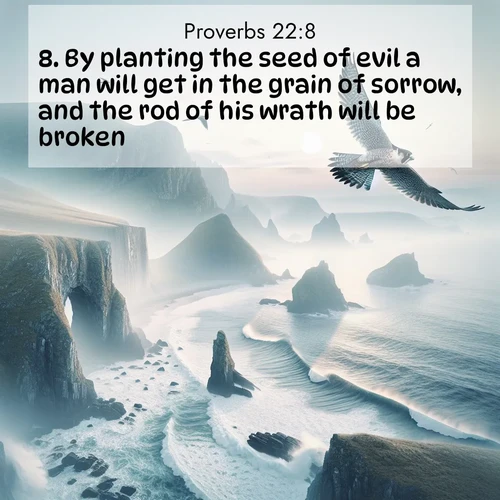 BasicEnglish Proverbs  ; image nature: image with the bible verse :By planting the seed of evil a man will get in the grain of sorrow, and the rod of his wrath will be broken. ; Browse a vast collection of Bible verse images featuring awe-inspiring landscapes such as calm lakes, vibrant sunsets, and peaceful fields. Download them for free and enjoy verses like KJV Proverbs 22:8. Current verse is overlayed with the thematic nature scene : A peregrine falcon rides thermal currents above coastal cliffs. Waves crash endlessly against the rocks below. ; 22:8