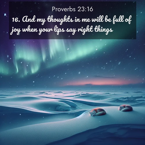 BasicEnglish Proverbs  ; image nature: image with the bible verse :And my thoughts in me will be full of joy when your lips say right things. ; Discover our curated gallery of Bible verse images with breathtaking scenery, from tranquil deserts to lush green pastures. Perfect for phone wallpapers or sharing online. Download verses like KJV Proverbs 23:16. Current verse is overlayed with the thematic nature scene : Northern lights dance across the frozen tundra in ribbons of green and purple. Snow falls silently on sleeping arctic foxes. ; 23:16
