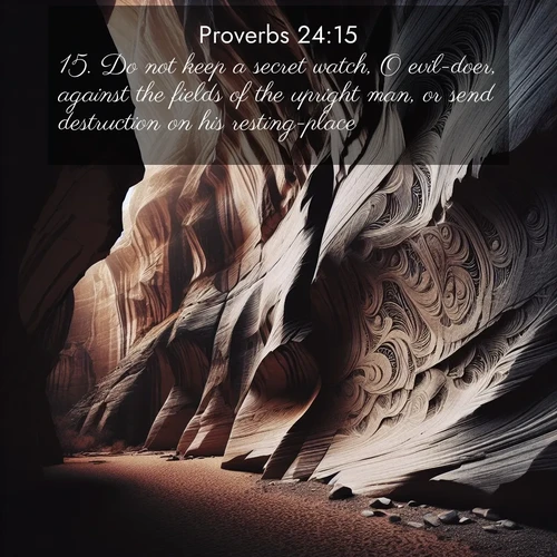 BasicEnglish Proverbs  ; image nature: image with the bible verse :Do not keep a secret watch, O evil-doer, against the fields of the upright man, or send destruction on his resting-place: ; Explore an exceptional collection of Bible verse images accompanied by photos of nature, showcasing snowy mountains, serene forests, and still lakes. These images feature luminous tones and varied fonts to bring serenity and inspiration. Share uplifting verses like KJV Proverbs 24:15. Current verse is overlayed with the thematic nature scene : Desert varnish stains canyon walls. Ancient stories weather in stone. ; 24:15