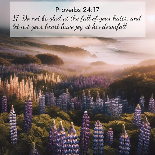 BasicEnglish Proverbs  ; image nature: image with the bible verse :Do not be glad at the fall of your hater, and let not your heart have joy at his downfall: ; Explore a rich collection of Bible verse images beautifully illustrated by natural landscapes, such as colorful skies, towering mountains, and tranquil rivers. The images highlight the serenity of God&#039;s creation with vivid tones and carefully chosen typography. Download and share inspiring verses like KJV Proverbs 24:17. Current verse is overlayed with the thematic nature scene : Wild lupines carpet a coastal meadow. Ocean fog rolls in on silent feet. ; 24:17