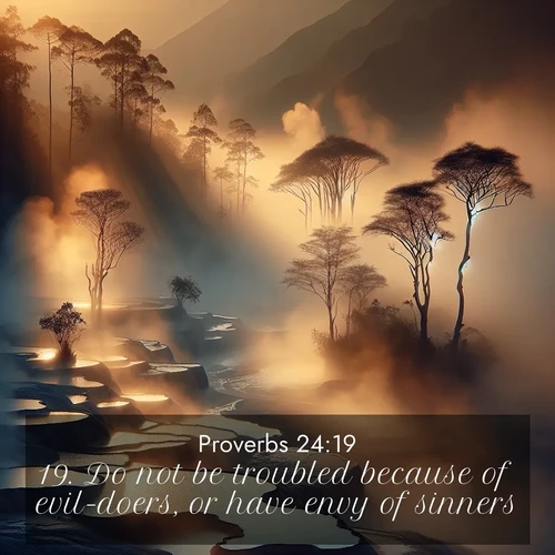 BasicEnglish Proverbs  ; image nature: image with the bible verse :Do not be troubled because of evil-doers, or have envy of sinners: ; Discover Bible images capturing the splendor of deserts, with golden dunes, vast skies, and peaceful oases. These landscapes highlight the grandeur and serenity of God&#039;s creation. Share verses like KJV Proverbs 24:19. Current verse is overlayed with the thematic nature scene : Morning mist rises from thermal pools. Steam dragons dance in golden light. ; 24:19