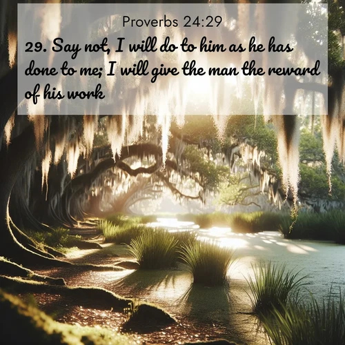 BasicEnglish Proverbs  ; image nature: image with the bible verse :Say not, I will do to him as he has done to me; I will give the man the reward of his work. ; Discover a gallery of Bible verse images showcasing the beauty of autumn, with golden leaves, red forests, and peaceful fields bathed in soft light. These soothing scenes are perfect for accompanying inspiring verses like KJV Proverbs 24:29. Current verse is overlayed with the thematic nature scene : Summer afternoon light filters through Spanish moss in a bayou. ; 24:29
