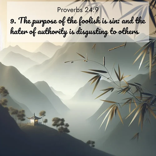 BasicEnglish Proverbs  ; image nature: image with the bible verse :The purpose of the foolish is sin: and the hater of authority is disgusting to others. ; Download stunning Bible verse images paired with nature scenes like rolling clouds, sparkling waters, and vibrant flower fields. These free images are perfect for spiritual reflection or wallpaper use. Share KJV Proverbs 24:9. Current verse is overlayed with the thematic nature scene : Bamboo leaves whisper secrets in mountain wind. A temple bell rings in the distance. ; 24:9