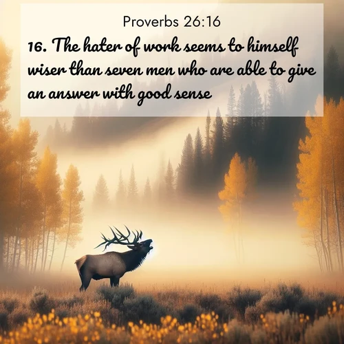 BasicEnglish Proverbs  ; image nature: image with the bible verse :The hater of work seems to himself wiser than seven men who are able to give an answer with good sense. ; Dive into our collection of Bible verses paired with coastal scenes, featuring calming waves, infinite beaches, and reflections of the sun on the water. These images evoke the peace and beauty of God. Share verses like KJV Proverbs 26:16. Current verse is overlayed with the thematic nature scene : A bull elk bugles across a misty valley. Aspen leaves quake golden in response. ; 26:16