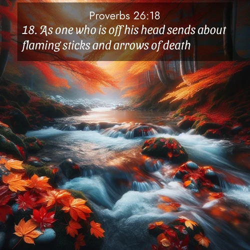 BasicEnglish Proverbs  ; image nature: image with the bible verse :As one who is off his head sends about flaming sticks and arrows of death, ; Browse an inspiring gallery of Bible verse images with nature photos, such as blooming gardens, golden deserts, and shaded forests. The chosen images capture the peaceful and joyful essence of God&#039;s creation, with vibrant colors and harmonious fonts. Share verses like KJV Proverbs 26:18. Current verse is overlayed with the thematic nature scene : Autumn leaves swirl in eddies along a mountain stream. ; 26:18