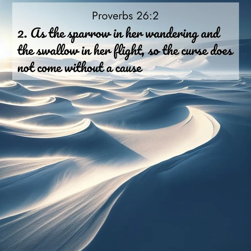 BasicEnglish Proverbs  ; image nature: image with the bible verse :As the sparrow in her wandering and the swallow in her flight, so the curse does not come without a cause. ; Discover Bible images capturing the essence of autumn, with wooded paths, golden fields, and swirling leaves. These scenes reflect the changing beauty of God&#039;s creation. Download verses like KJV Proverbs 26:2. Current verse is overlayed with the thematic nature scene : Winter winds sculpt snow into graceful dunes across the tundra. ; 26:2