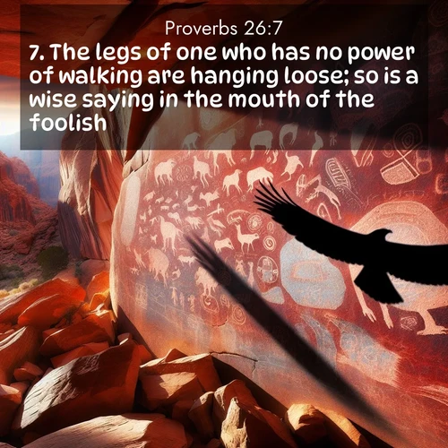 BasicEnglish Proverbs  ; image nature: image with the bible verse :The legs of one who has no power of walking are hanging loose; so is a wise saying in the mouth of the foolish. ; Download Bible verse images paired with breathtaking nature photos like golden deserts, shimmering seas, and blossoming orchards. These high-quality, free images are perfect for wallpapers or sharing. Verses include KJV Proverbs 26:7. Current verse is overlayed with the thematic nature scene : Ancient petroglyphs weather on red canyon walls. A circling hawk&#039;s shadow passes over the timeless art. ; 26:7