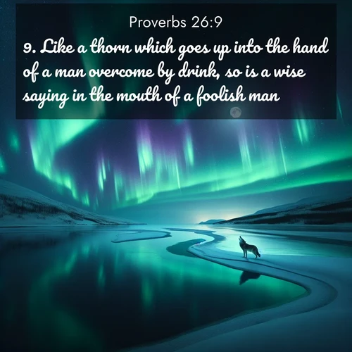 BasicEnglish Proverbs  ; image nature: image with the bible verse :Like a thorn which goes up into the hand of a man overcome by drink, so is a wise saying in the mouth of a foolish man. ; Discover Bible images capturing the essence of autumn, with wooded paths, golden fields, and swirling leaves. These scenes reflect the changing beauty of God&#039;s creation. Download verses like KJV Proverbs 26:9. Current verse is overlayed with the thematic nature scene : Northern lights dance across a frozen lake in ribbons of green and purple. A lone wolf howls from the distant shore. ; 26:9