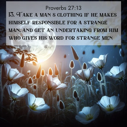 BasicEnglish Proverbs  ; image nature: image with the bible verse :Take a man&#039;s clothing if he makes himself responsible for a strange man, and get an undertaking from him who gives his word for strange men. ; Explore our gallery of inspiring Bible verse images showcasing divine beauty through nature. Download scenic images like snowy peaks, lush meadows, or radiant sunsets paired with verses like KJV Proverbs 27:13. Current verse is overlayed with the thematic nature scene : Moonflowers open to the rising full moon. Night insects hum in harmony. ; 27:13
