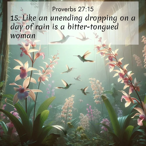 BasicEnglish Proverbs  ; image nature: image with the bible verse :Like an unending dropping on a day of rain is a bitter-tongued woman. ; Browse our selection of stunning Bible verse images featuring unique natural scenes like fiery autumn forests, serene meadows, and starlit skies. Download and share verses like KJV Proverbs 27:15 for free. Current verse is overlayed with the thematic nature scene : Wild orchids bloom in rainforest canopy. Hummingbirds dance between delicate petals. ; 27:15