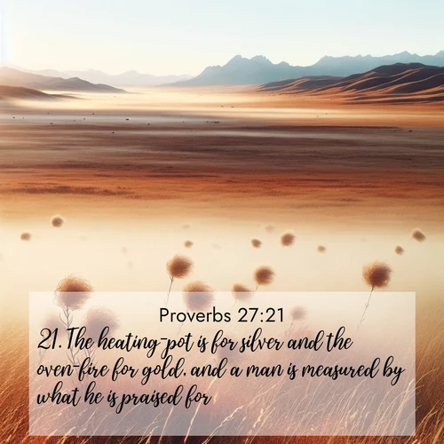 BasicEnglish Proverbs  ; image nature: image with the bible verse :The heating-pot is for silver and the oven-fire for gold, and a man is measured by what he is praised for. ; Discover beautiful Bible verse images enriched with natural landscapes, from serene beaches to cascading waterfalls. All images are free and ready to download. Share verses such as KJV Proverbs 27:21. Current verse is overlayed with the thematic nature scene : Autumn wind sends tumbleweeds dancing across the prairie. ; 27:21