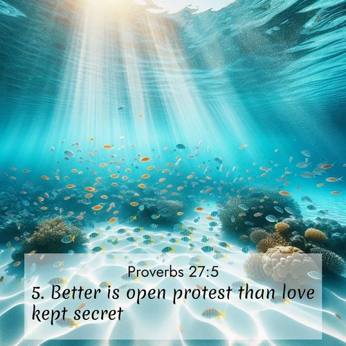 BasicEnglish Proverbs  ; image nature: image with the bible verse :Better is open protest than love kept secret. ; Explore beautiful Bible verse images paired with serene natural settings, such as calm seas, snowy paths, and verdant hills. Each image is free to download for your spiritual inspiration. Share KJV Proverbs 27:5. Current verse is overlayed with the thematic nature scene : Reef fish swirl in perfect formation through crystal waters. Sunlight creates shifting patterns on white sand below. ; 27:5