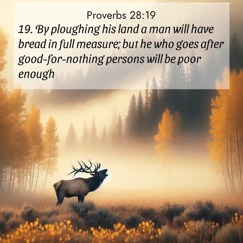 BasicEnglish Proverbs  ; image nature: image with the bible verse :By ploughing his land a man will have bread in full measure; but he who goes after good-for-nothing persons will be poor enough. ; Browse our collection of Bible verses paired with captivating photos of God’s creation, like crystal-clear lakes, majestic cliffs, and colorful skies. All images are free for download and sharing. Verse examples include KJV Proverbs 28:19. Current verse is overlayed with the thematic nature scene : A bull elk bugles across a misty valley. Aspen leaves quake golden in response. ; 28:19