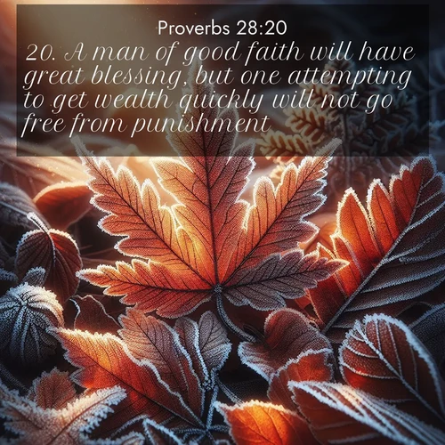 BasicEnglish Proverbs  ; image nature: image with the bible verse :A man of good faith will have great blessing, but one attempting to get wealth quickly will not go free from punishment. ; Discover a gallery of Bible verse images showcasing the beauty of autumn, with golden leaves, red forests, and peaceful fields bathed in soft light. These soothing scenes are perfect for accompanying inspiring verses like KJV Proverbs 28:20. Current verse is overlayed with the thematic nature scene : Autumn frost rims fallen leaves with crystal. ; 28:20