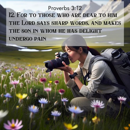 BBE Proverbs 3:12 overlaying nature image scene: A naturalist photographs rare blooms. Alpine winds toss wildflower meadows.;12. For to those who are dear to him the Lord says sharp words, and makes the son in whom he has delight undergo pain.