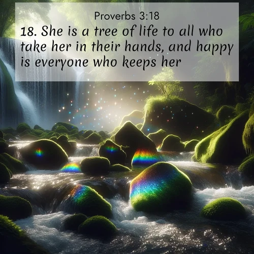 BBE Proverbs 3:18 overlaying nature image scene: Rainbow prisms dance in a waterfall's spray. Moss glows emerald in filtered light.;18. She is a tree of life to all who take her in their hands, and happy is everyone who keeps her.