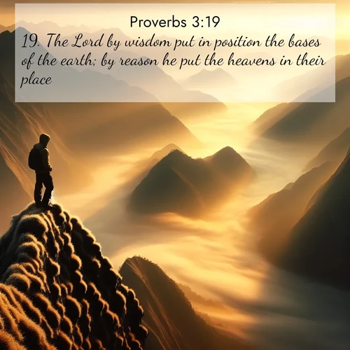BBE Proverbs 3:19 overlaying nature image scene: A solitary climber watches sunrise from a knife-edge ridge. Golden light spills into valleys of morning mist.;19. The Lord by wisdom put in position the bases of the earth; by reason he put the heavens in their place.
