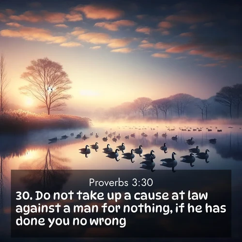 BBE Proverbs 3:30 overlaying nature image scene: Wild geese rest on still waters. Dawn mist rises like dreams.;30. Do not take up a cause at law against a man for nothing, if he has done you no wrong.