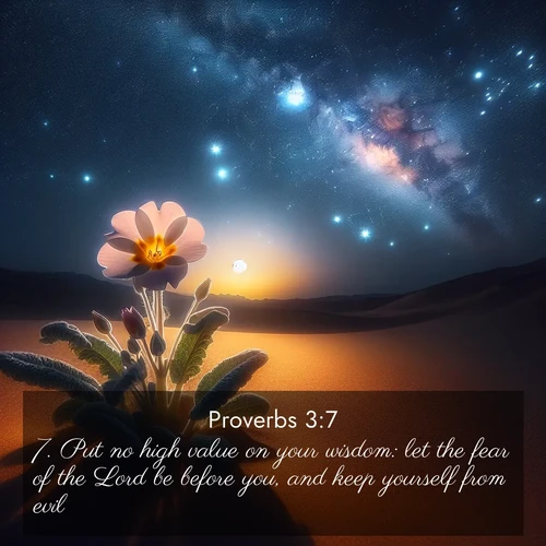 BBE Proverbs 3:7 overlaying nature image scene: Desert primrose opens to stars. Night wind carries sweet perfume.;7. Put no high value on your wisdom: let the fear of the Lord be before you, and keep yourself from evil: