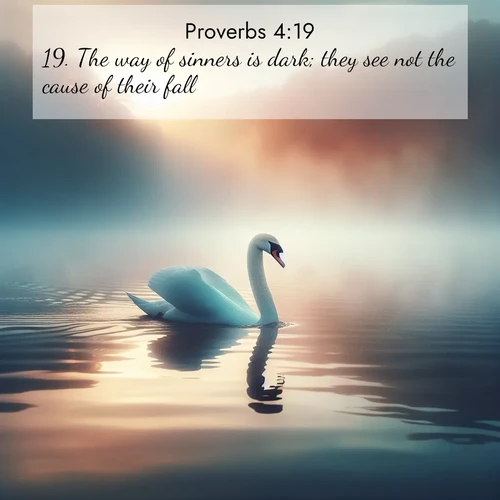 BBE Proverbs 4:19 overlaying nature image scene: A single swan glides across a misty lake. Dawn paints the water in pastels.;19. The way of sinners is dark; they see not the cause of their fall.