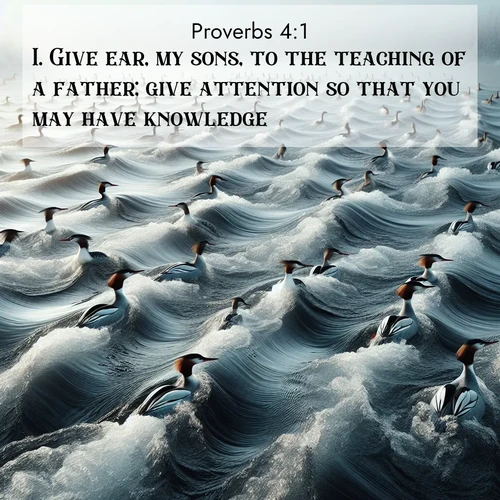 BBE Proverbs 4:1 overlaying nature image scene: Wild mergansers ride river rapids. Their wakes create endless patterns.;1. Give ear, my sons, to the teaching of a father; give attention so that you may have knowledge: