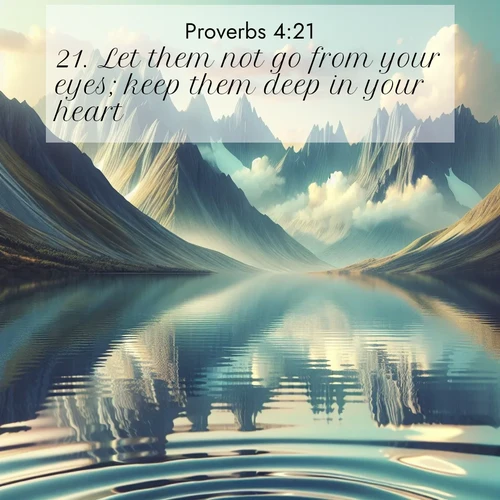 BBE Proverbs 4:21 overlaying nature image scene: Mountain lakes mirror perfect peaks. Wind ripples shatter reflections.;21. Let them not go from your eyes; keep them deep in your heart.