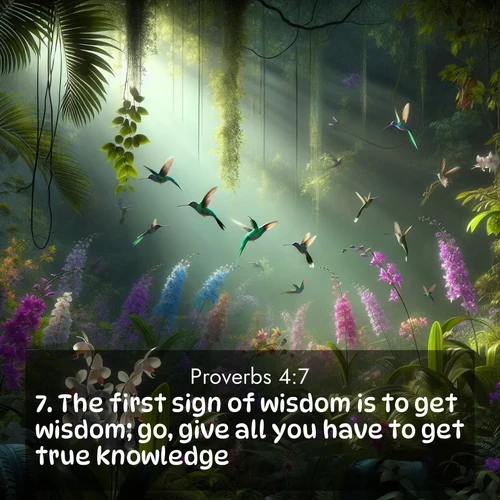 BBE Proverbs 4:7 overlaying nature image scene: Wild orchids bloom in a rainforest canopy. Hummingbirds dart between the delicate flowers.;7. The first sign of wisdom is to get wisdom; go, give all you have to get true knowledge.
